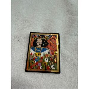 Laura Mostaghel Hand Painted Enamel Brooch Lady In Garden Pin Brooch Vintage Art